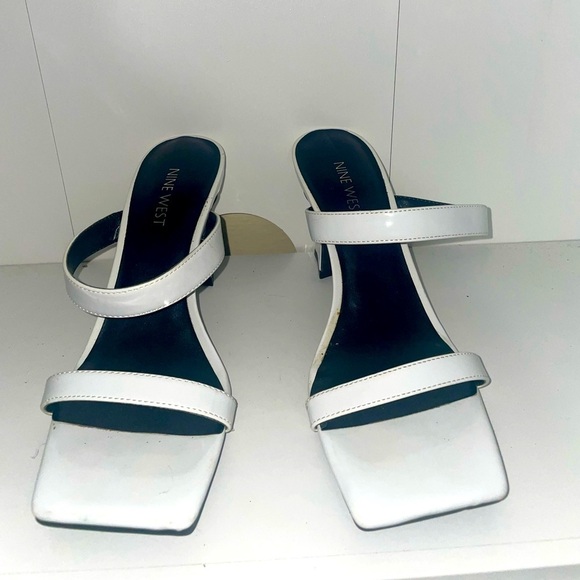 Square toe modern White heels slip on heels double strap heels chunky heel block - Picture 1 of 7